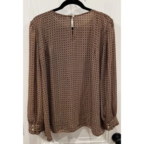 Loft Long-Sleeve Top Brown with Cream & Pink Design EUC - Picture 2 of 7